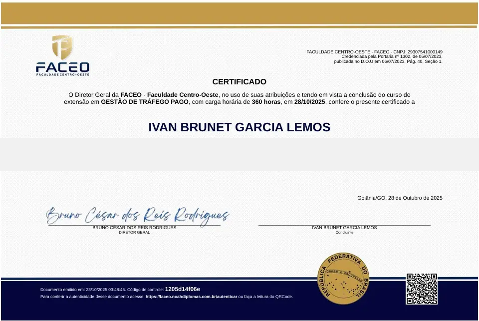 Certificado de conclusão do curso Subido PRO em Gestão de Tráfego Pago